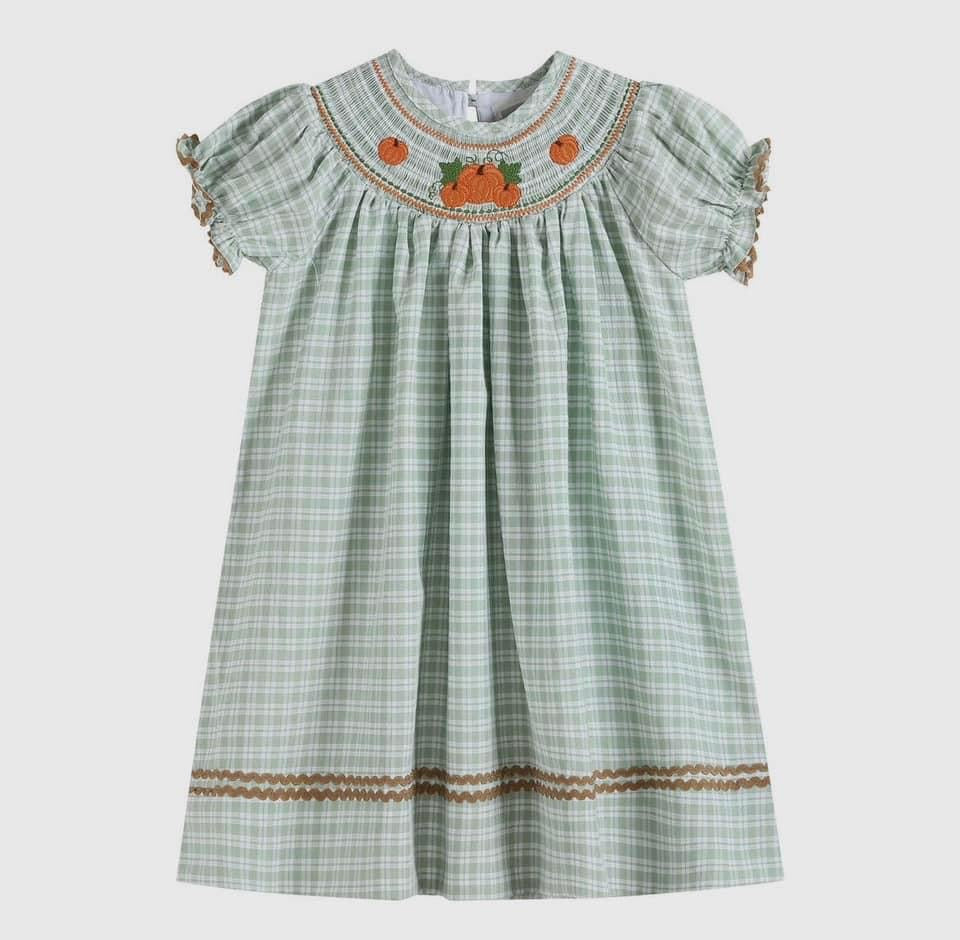 Smocked pumpkin sage bishop dress