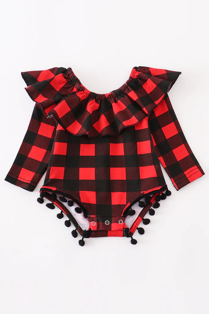 Red plaid tassel romper