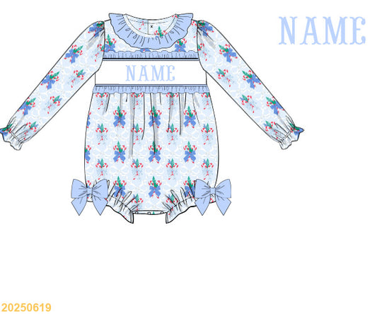 Blue Bow Christmas SMOCKED girl bubble