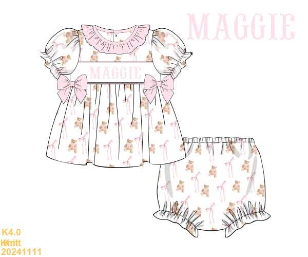 Pink Bows & Bears SMOCKED set
