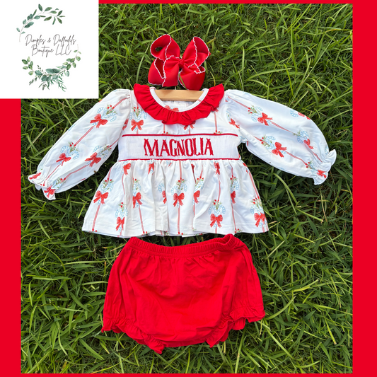 Red bow Christmas SMOCKED bloomer set