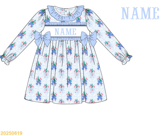 Blue Bow Christmas SMOCKED dress