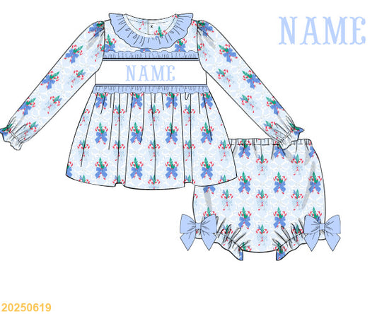 Blue Bow Christmas SMOCKED bloomer set
