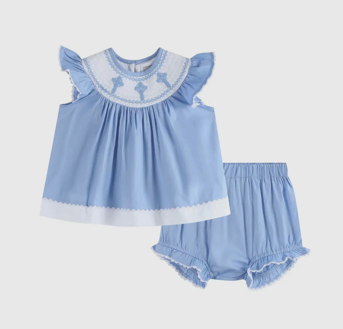 Periwinkle Crosses Smocked dress and bloomers set